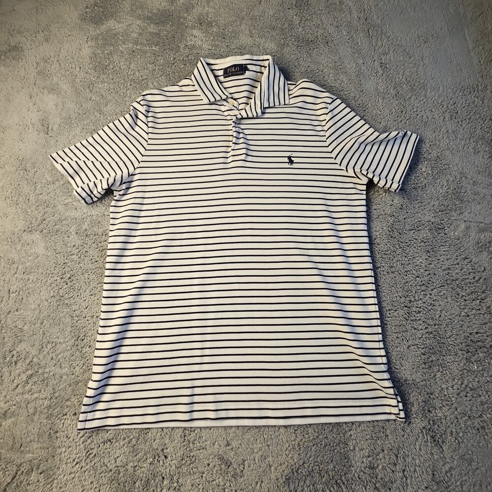 Mens Medium Classic Cotton White Striped Short Sleeve Shirt Polo Ralph Lauren